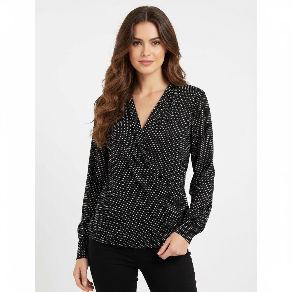 Ann Taylor Polka Dot Long Sleeve V Neck Career Blouse Office Work Medium Drape